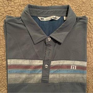 Travis Matthew’s Polo Shirt. Grey/Blue with Horizontal stripes. Size X-Large.
